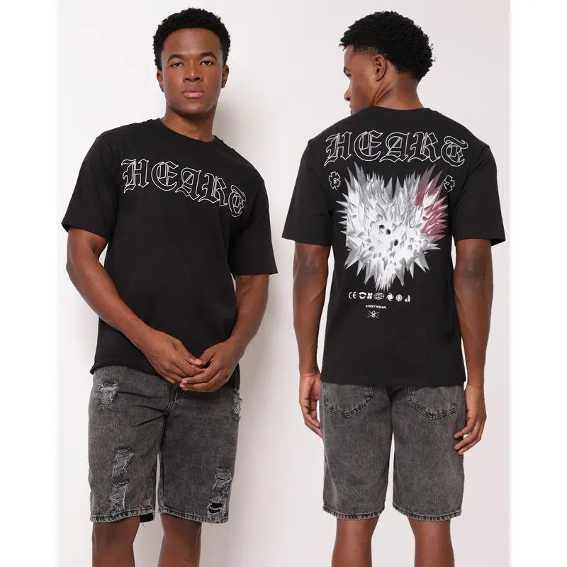 Camiseta Masculina Oversized Algodão Estampa Frente e Costas Preta P