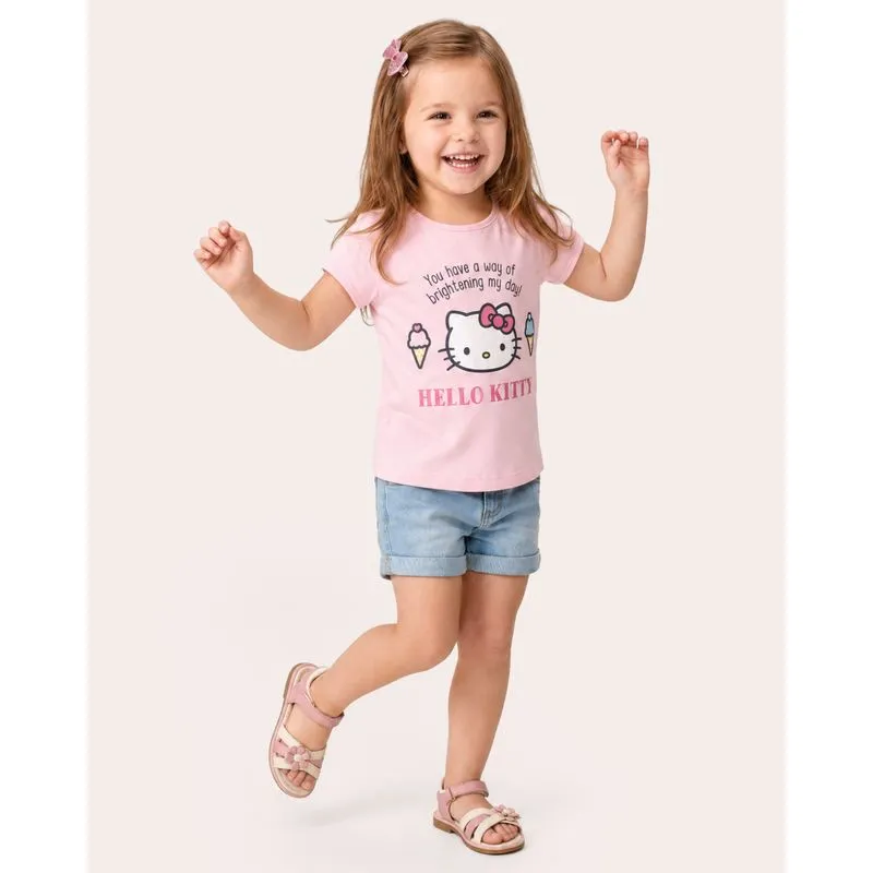 Blusa Bebê Algodão Manga Curta Hello Kitty Rosa 2