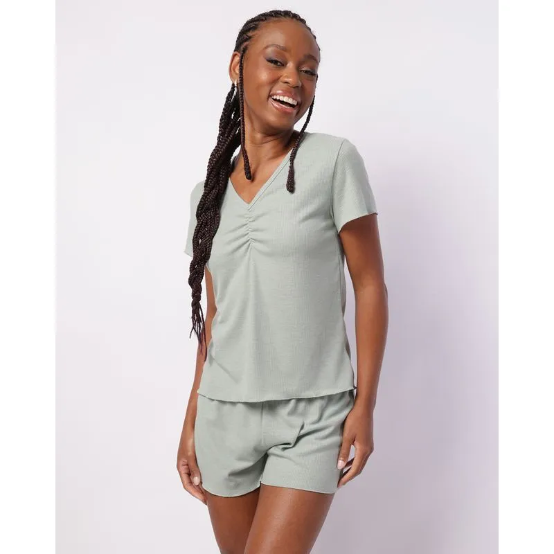 Pijama Feminino Curto Ribana Frufru Decote V Verde M