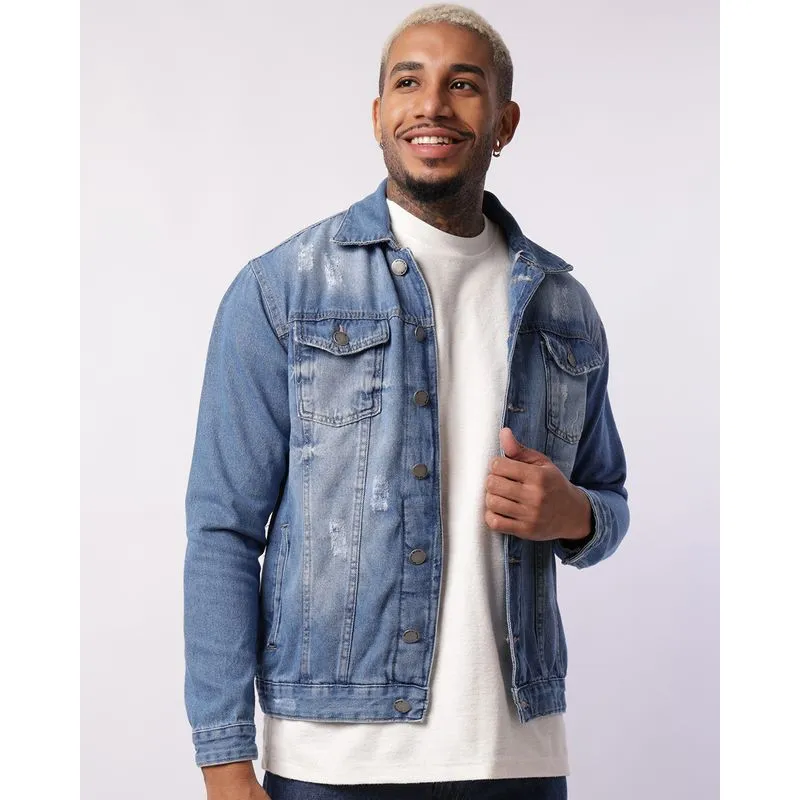 Jaqueta Jeans Masculina com Puídos Azul GG