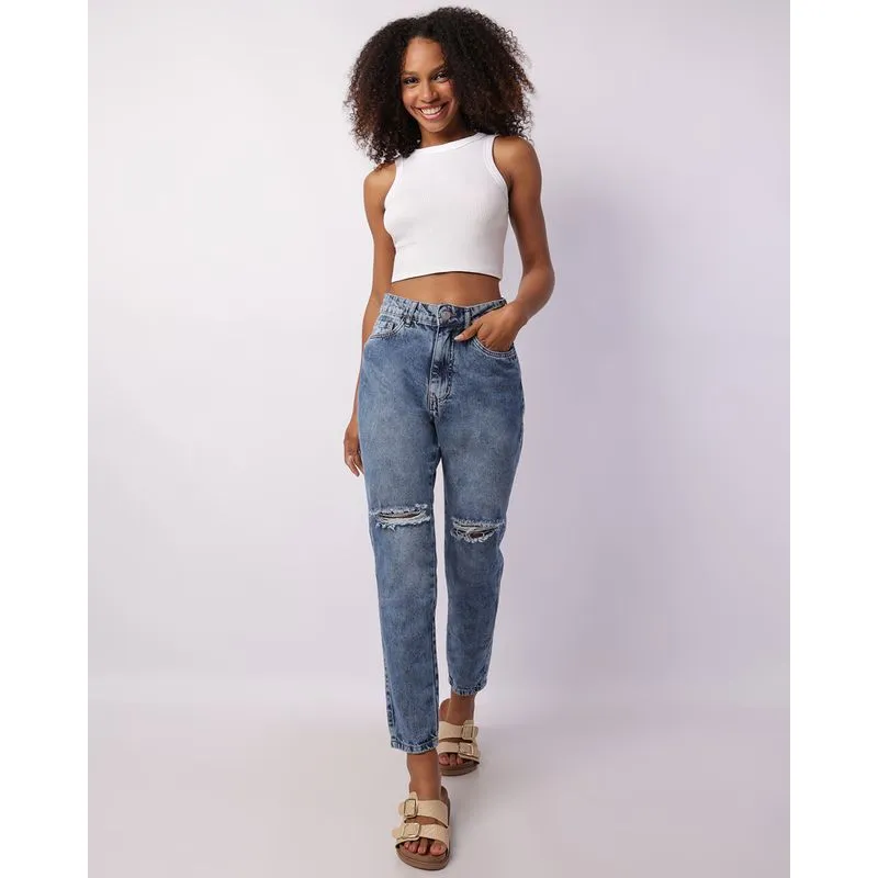 Calça Jeans Feminina Mom Vizzy Destroyed com Bolsos Azul 44