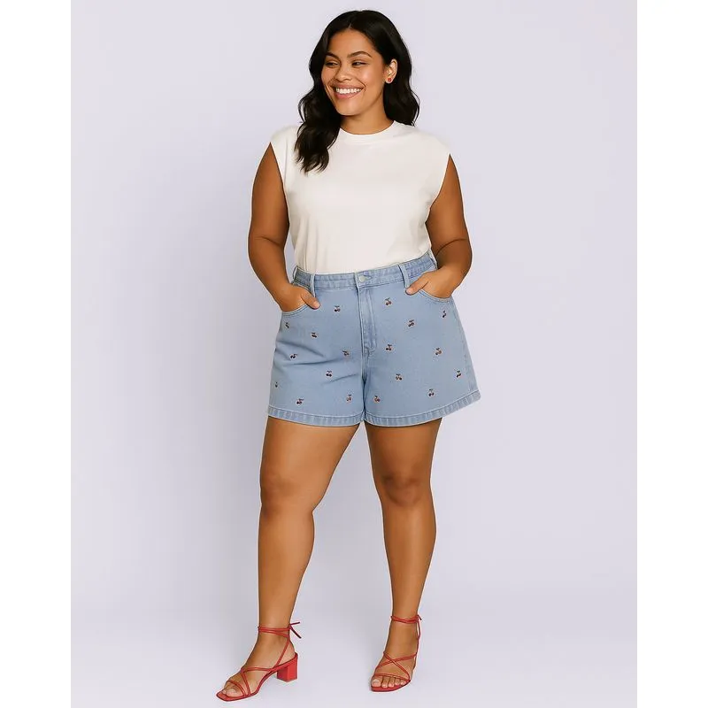 Short Jeans Plus Size Feminino Vizzy Curto Bordados Cerejas Azul 50