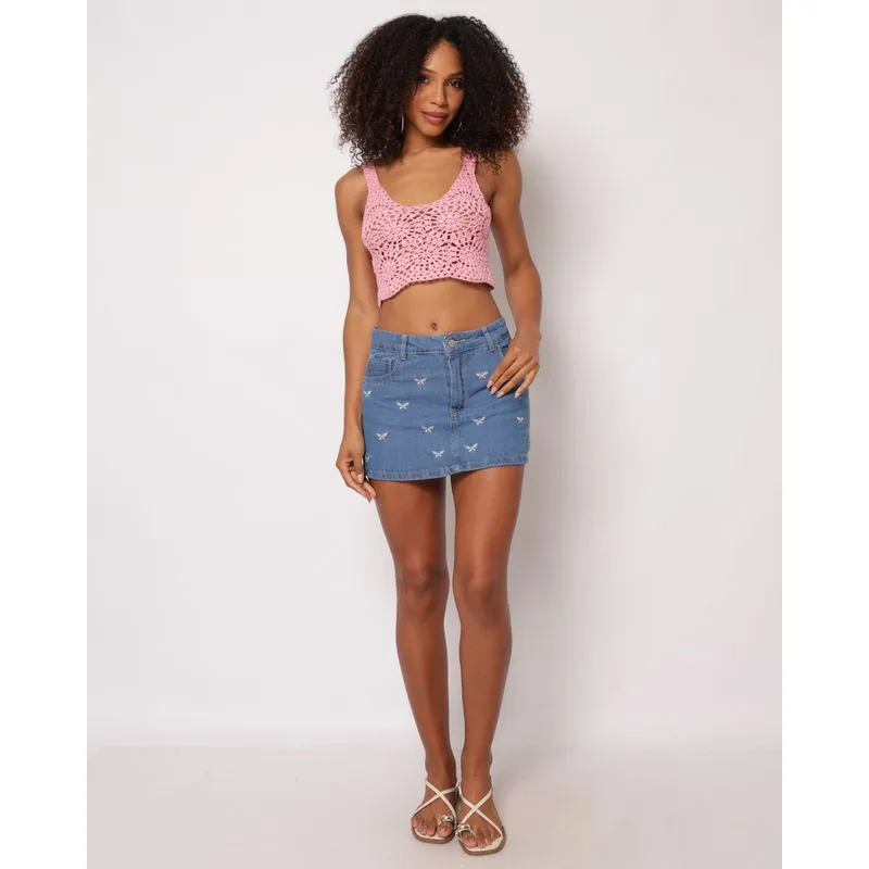 Minissaia Jeans Feminino Vizzy Bordado Borboleta Azul 40