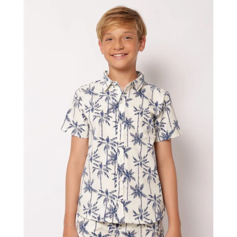 Camisa Juvenil Texturizada com Estampa Tropical Off White 16