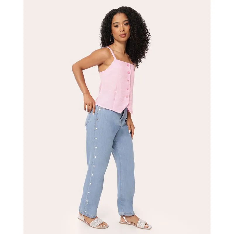 Calça Jeans Feminina Reta com Brilhos Laterais Azul 38