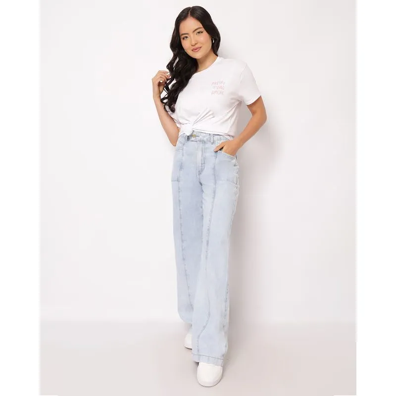 Calça Jeans Feminina Wide Leg com Recortes Bolsos Azul 36