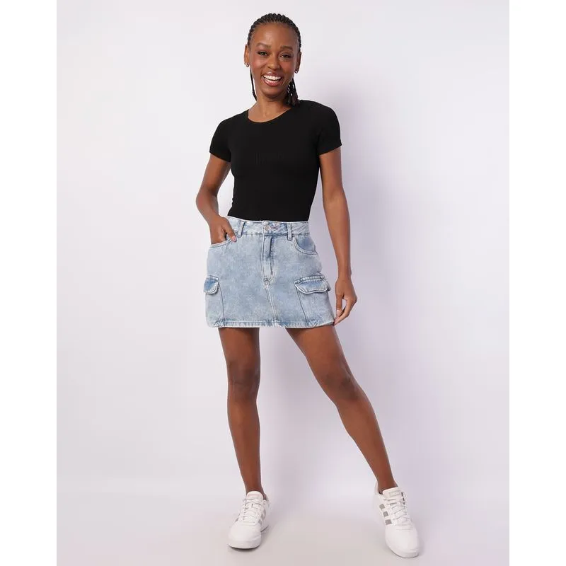 Saia Jeans Feminina Cargo Marmorizada Azul 44