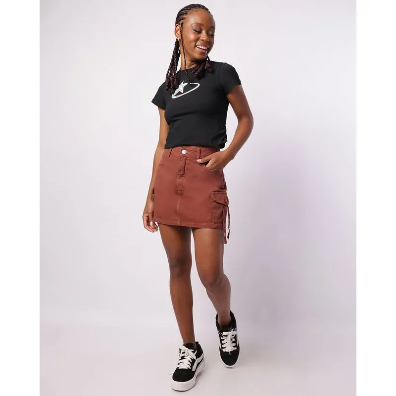 Saia Sarja Feminina Cargo com Amarração Marrom 34