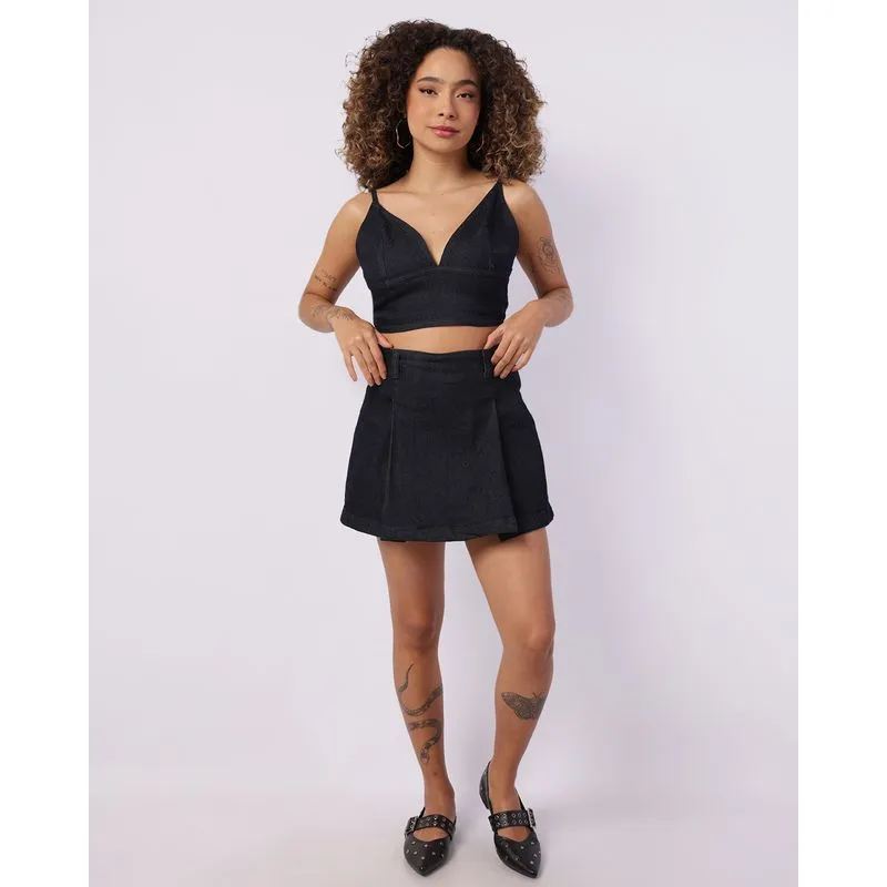 Short Saia Jeans Feminino Pregas com Zíper Azul 44