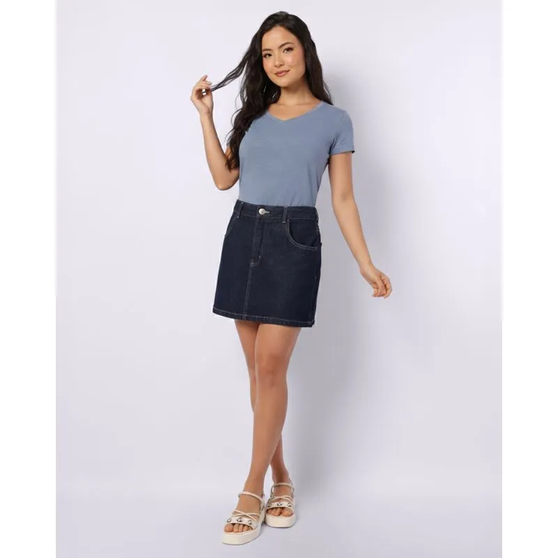Minissaia Jeans Feminina com Bolsos Pespontada Azul 42