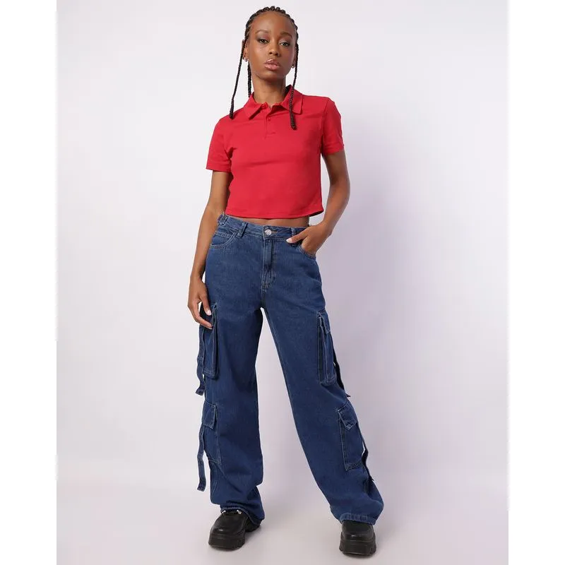 Calça Jeans Feminina Cargo com Fivela Azul 44