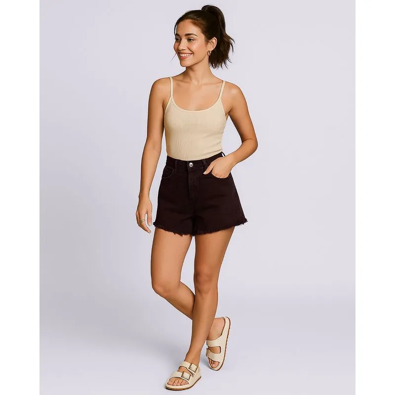 Short Sarja Feminino Barra Desfiada com Bolsos Marrom 40