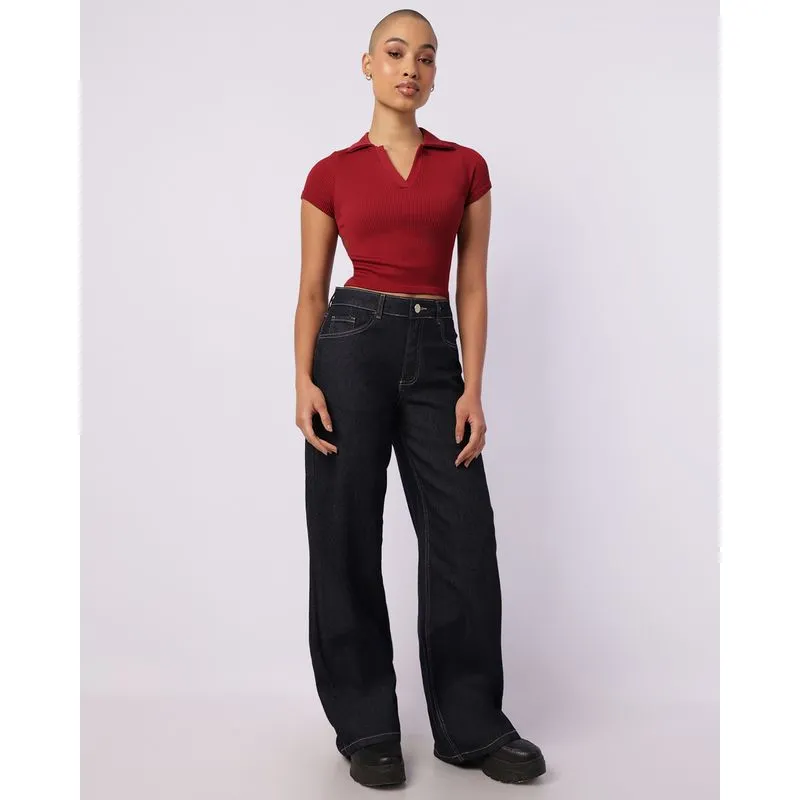 Calça Jeans Feminina Wide Leg Pespontada Azul 36