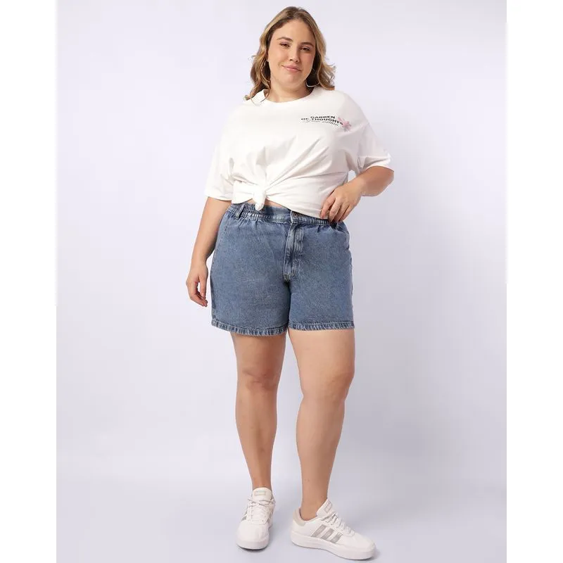 Short Jeans Plus Size Feminino Curto com Bolsos Azul 52