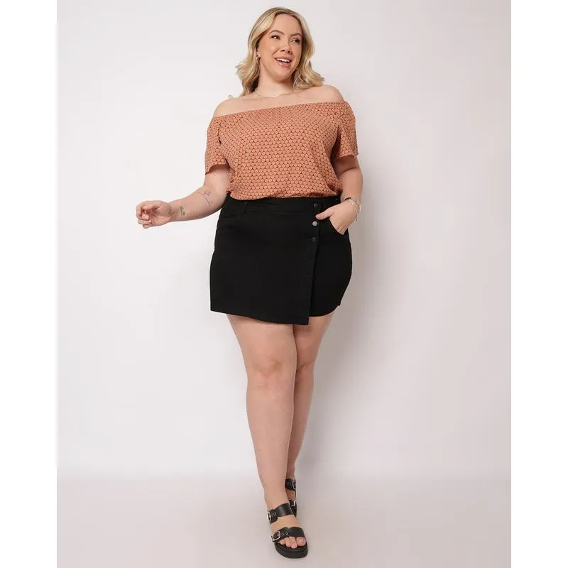 Short Saia Sarja Plus Size Feminino Curto Vizzy Preto 50