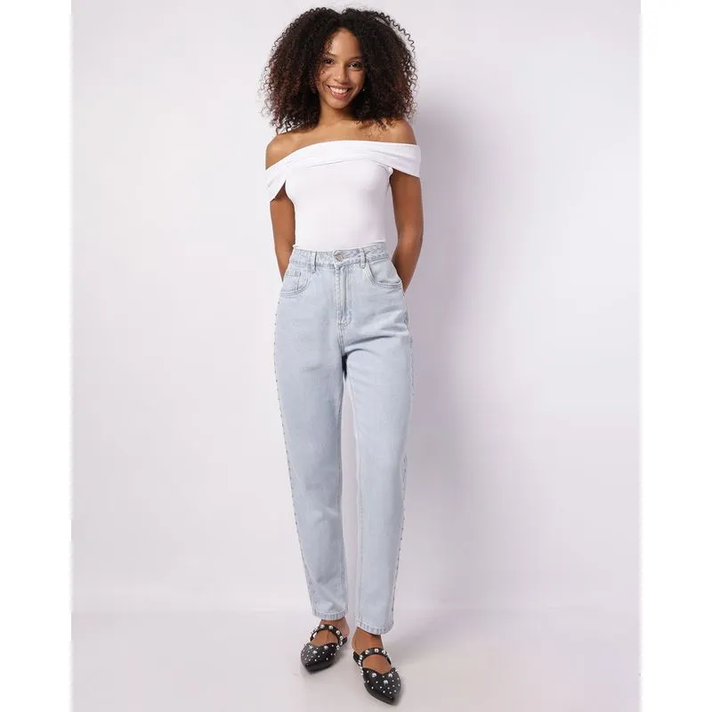 Calça Jeans Feminina Mom com Aplicação Tachas Azul 42