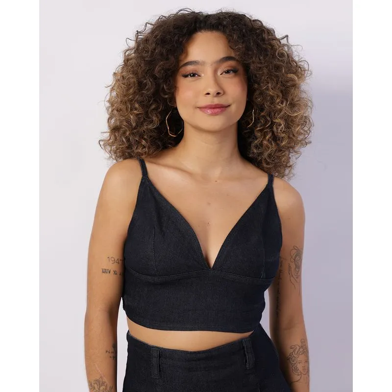 Top Jeans Feminino Decote V com Lastex Alcinha Preto P