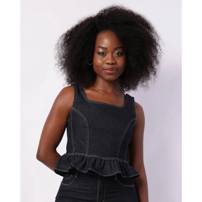 Regata Jeans Feminina Babado Peplum com Recortes Preta M
