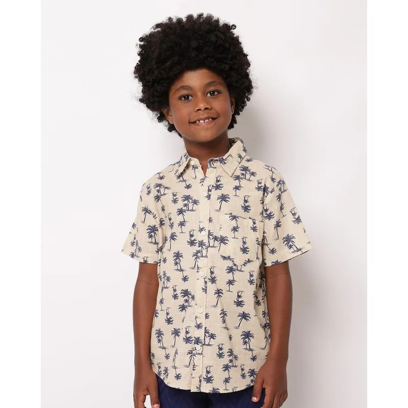 Camisa Infantil Algodão Estampada Coqueiro Manga Curta Bege 4