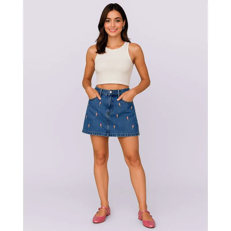 Minissaia Jeans Feminina com Bordados Sorvetes Bolsos Azul 40