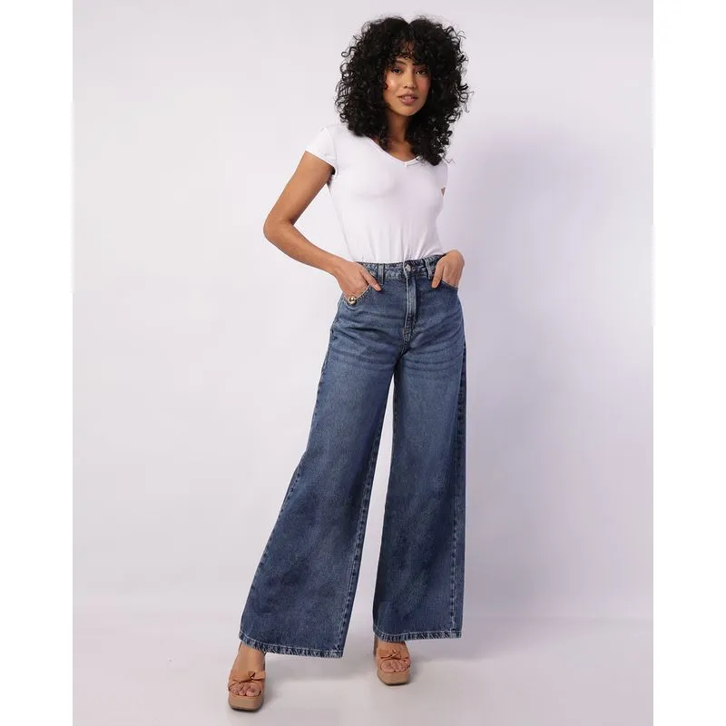 Calça Jeans Feminina Wide Leg Marmorizada com Bolsos Azul 48