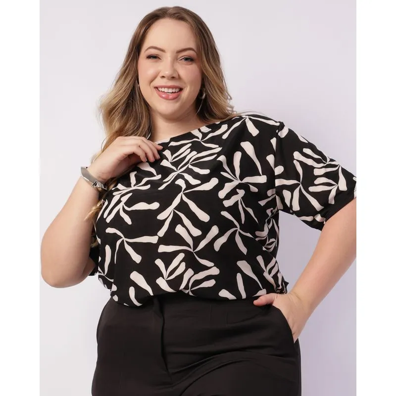 Blusa Plus Size Feminina Liganete Estampada Manga Curta Preta G2
