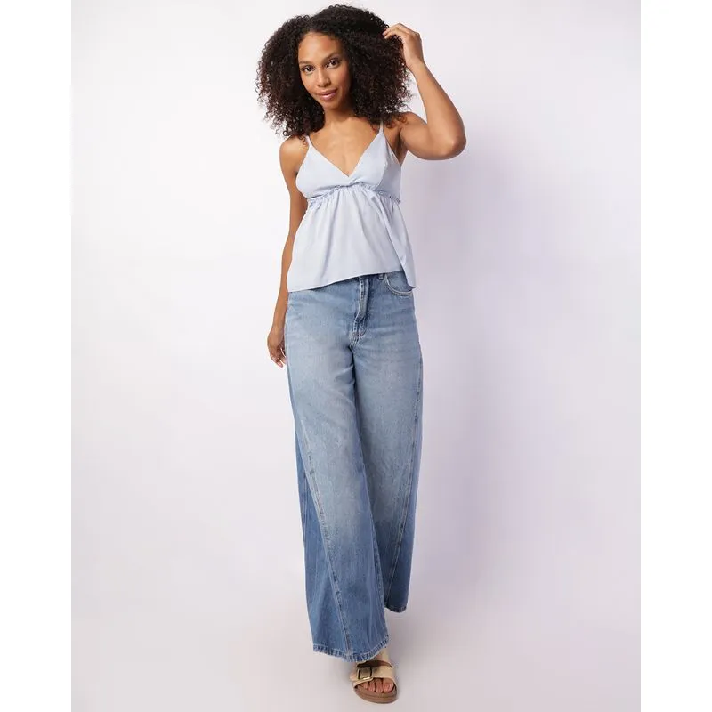 Calça Jeans Feminina Wide Leg com Recortes Laterais Bolsos Azul 36