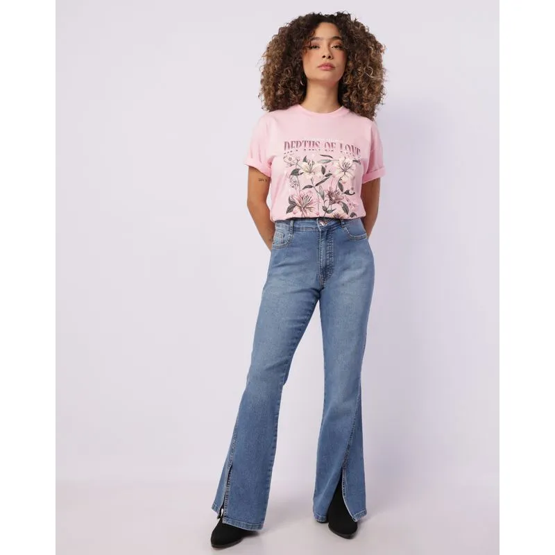 Calça Jeans Feminina Flare com Fendas Azul 34