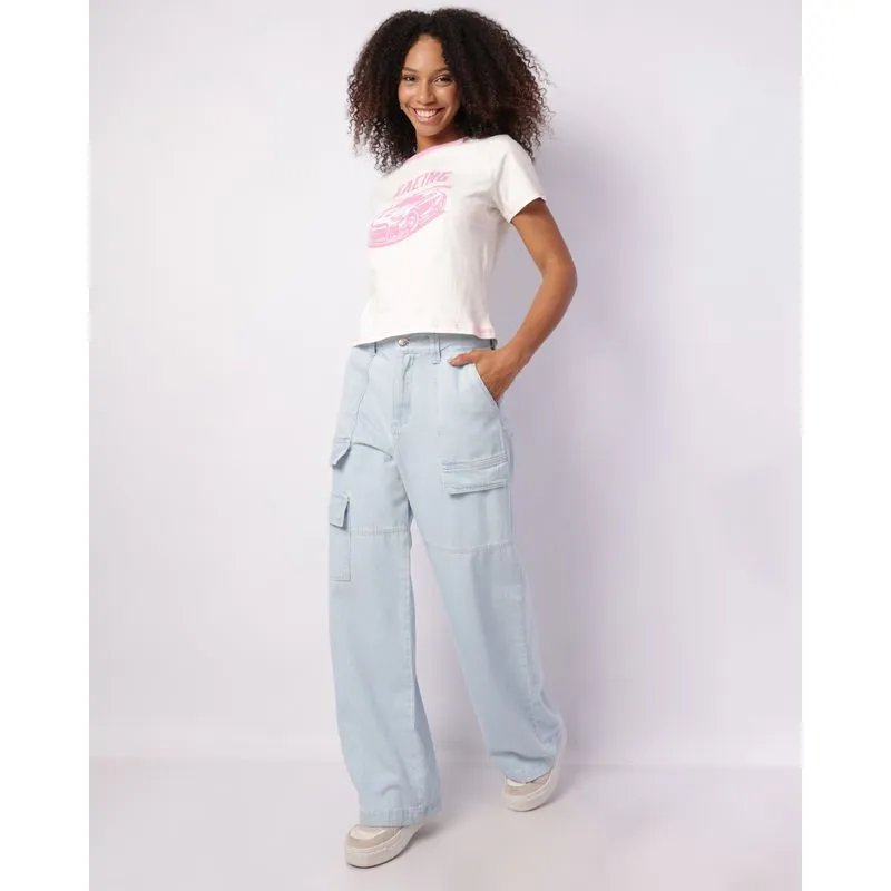 Calça Jeans Feminina Wide Leg Cargo com Lapela Azul 40