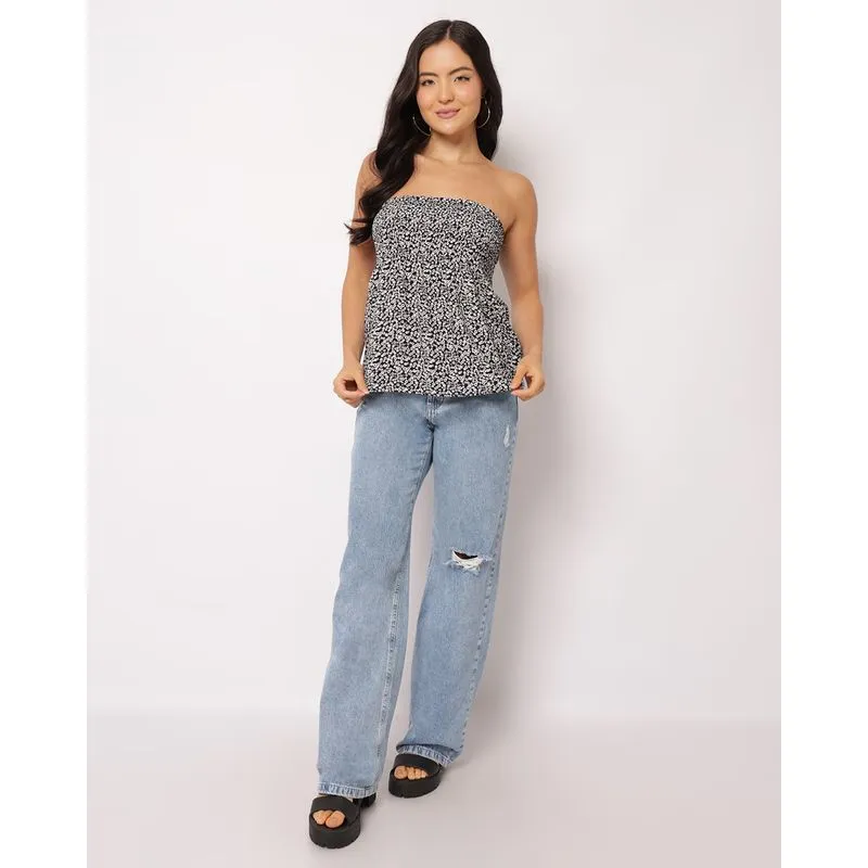 Calça Jeans Feminina Wide Leg com Puídos Bolsos Azul 34