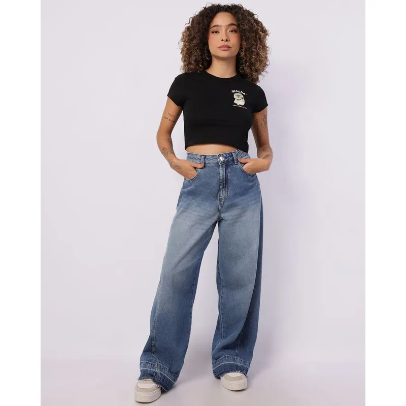 Calça Jeans Feminina Wide Leg com Recortes Azul 36