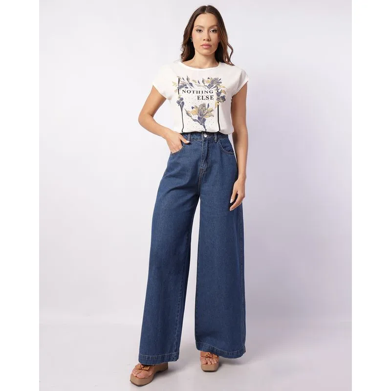 Calça Jeans Feminina Wide Leg com Bolsos Azul 42