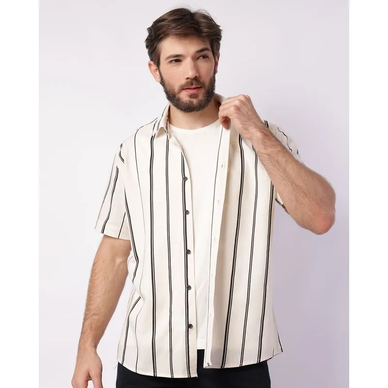Camisa Masculina Manga Curta Viscolinho Listrada Off White 2