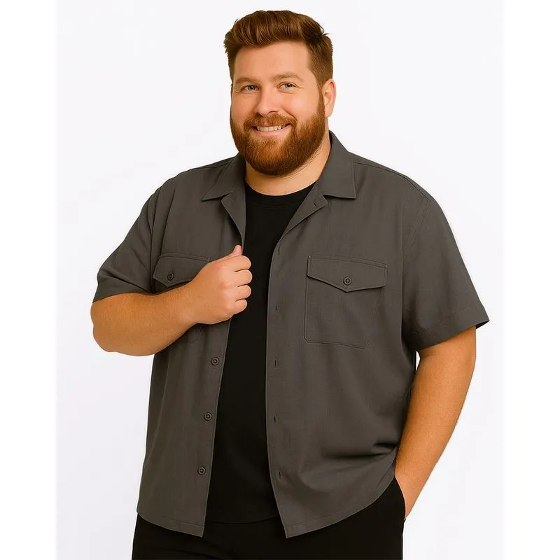 Camisa Plus Size Masculina Linho com Bolsos Frontais Cinza 6