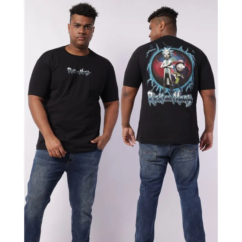 Camiseta Plus Size Masculina Rick And Morty Frente e Costas Preta G2