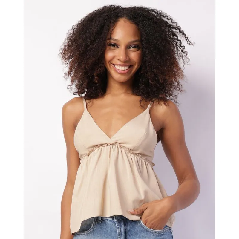 Blusa Feminina Alcinhas Viscose Babado Laço nas Costas Bege GG