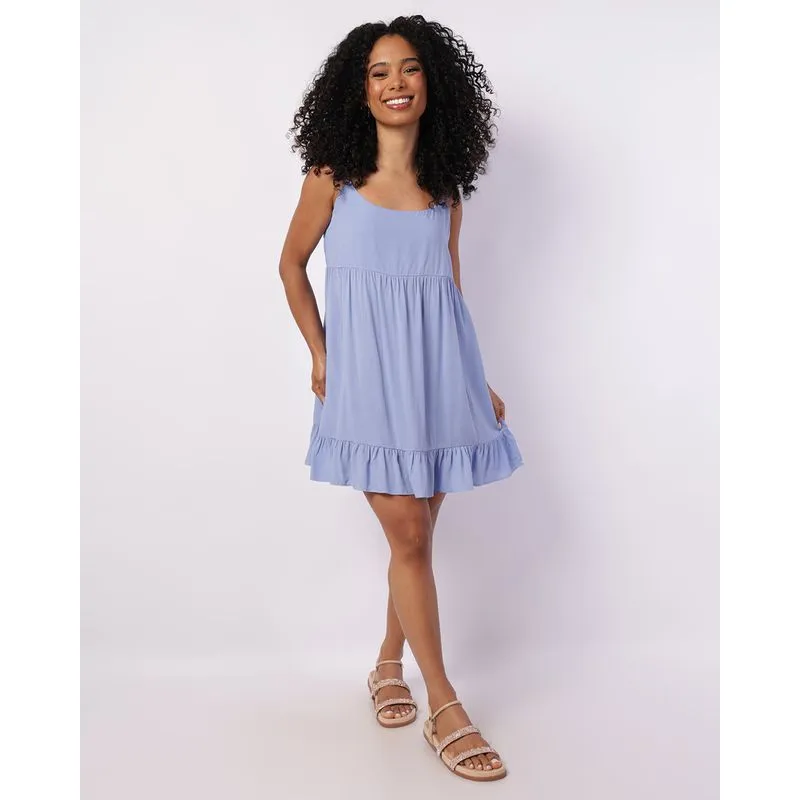 Vestido Feminino Curto Viscose Alcinha Amarração Babado Azul M
