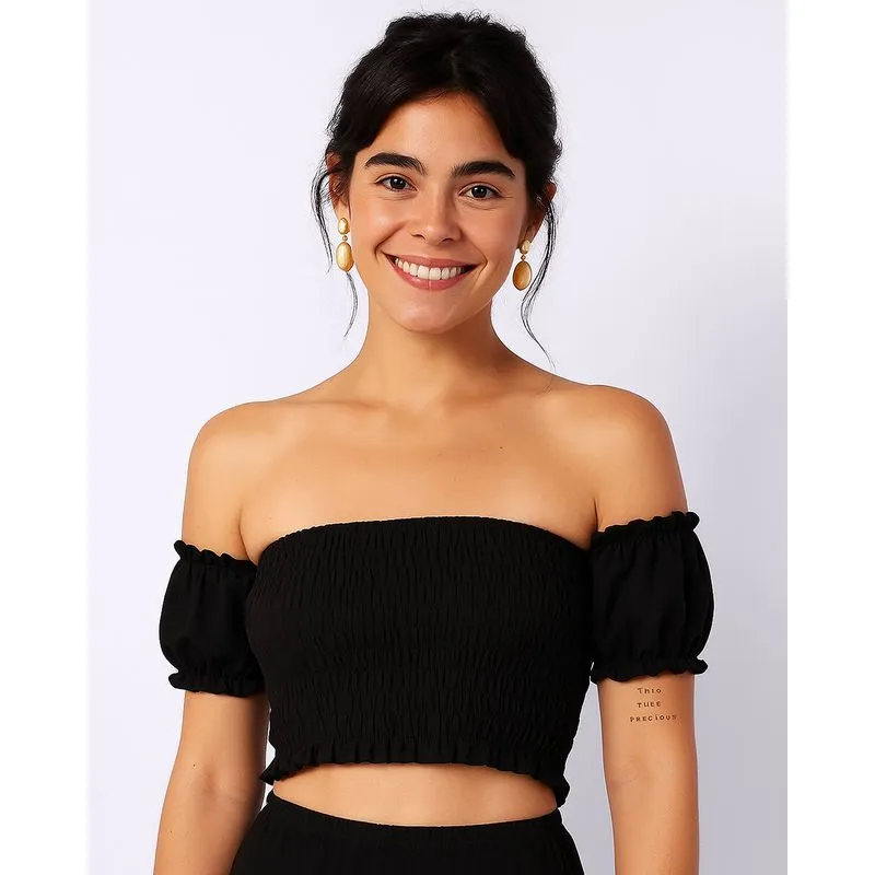 Blusa Feminina Ciganinha Ombro a Ombro com Babados Preta M