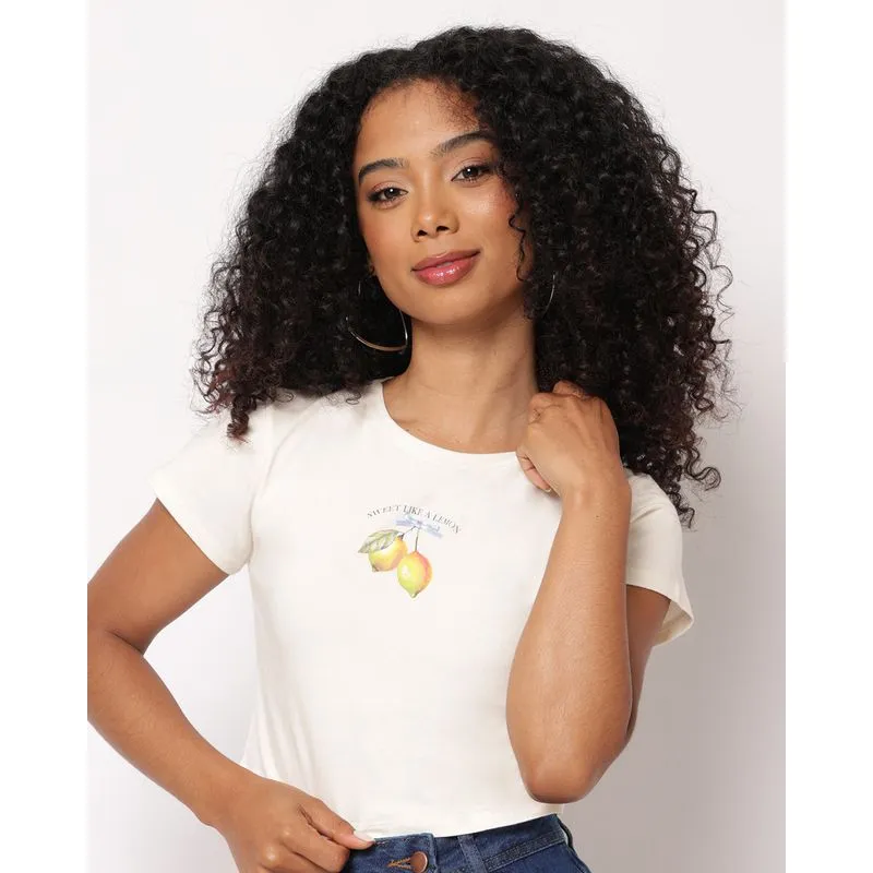 Camiseta Feminina Cropped Algodão Estampa Manga Curta Off White G