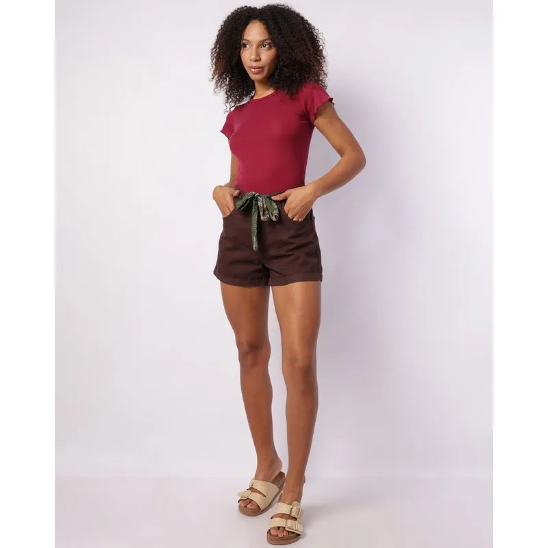 Short Sarja Feminino com Bolsos e Cinto Marrom 40