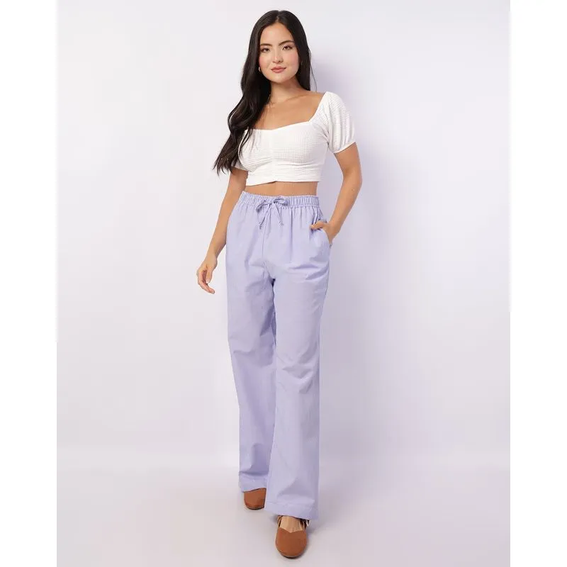 Calça Feminina Reta Tricoline Estampa Listrada Azul GG