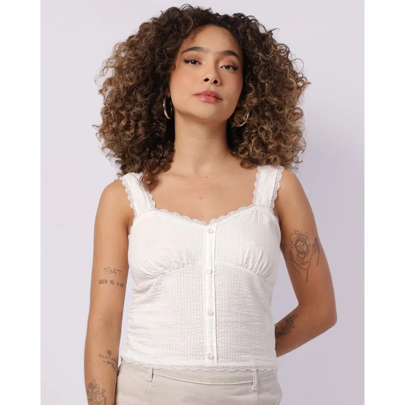 Regata Feminina Texturizada Renda com Lastex Off White GG