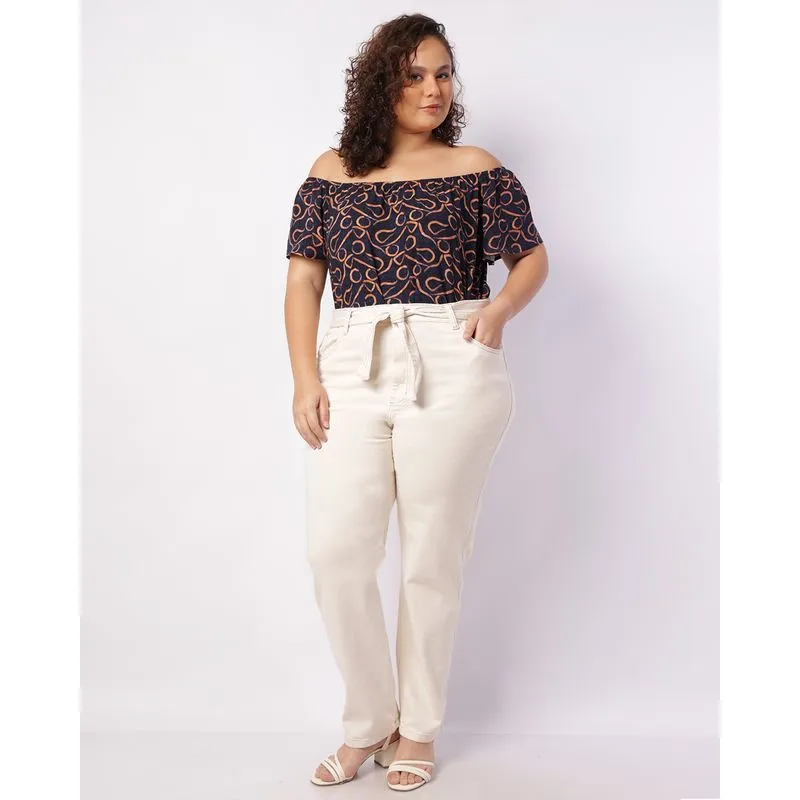 Calça Sarja Plus Size Feminina Mom com Cinto Bege 52