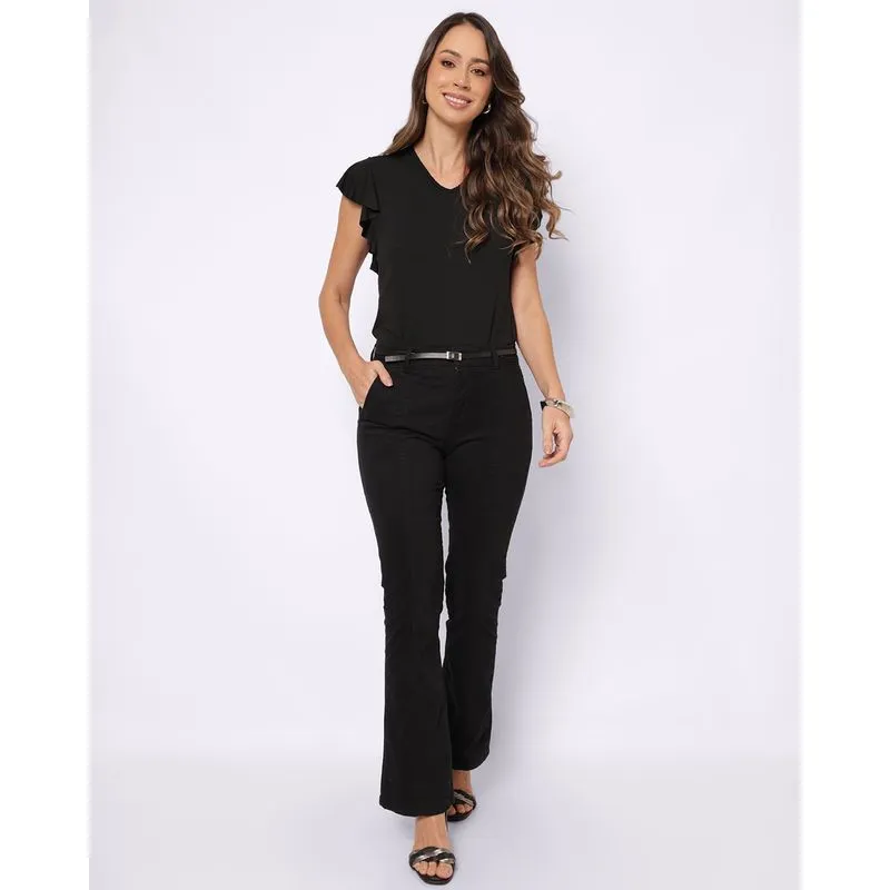 Calça Sarja Feminina Flare Donatta com Cinto Preta 48