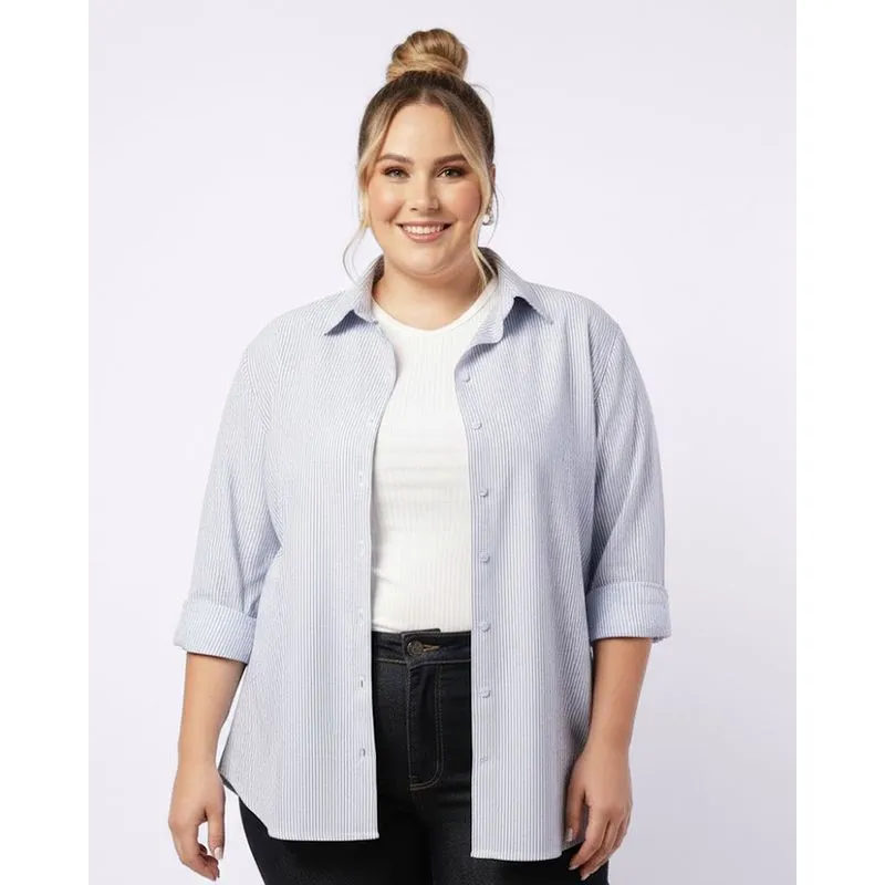 Camisa Plus Size Feminina com Botões Listrada Manga Longa Azul G3