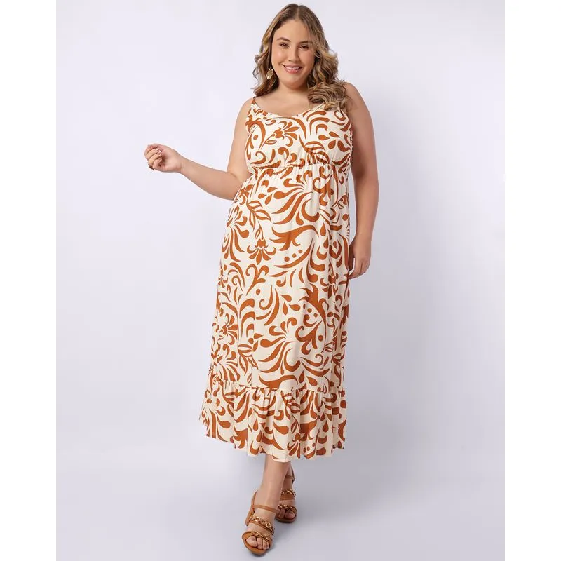 Vestido Plus Size Feminino Midi Viscose Estampado Bege G3