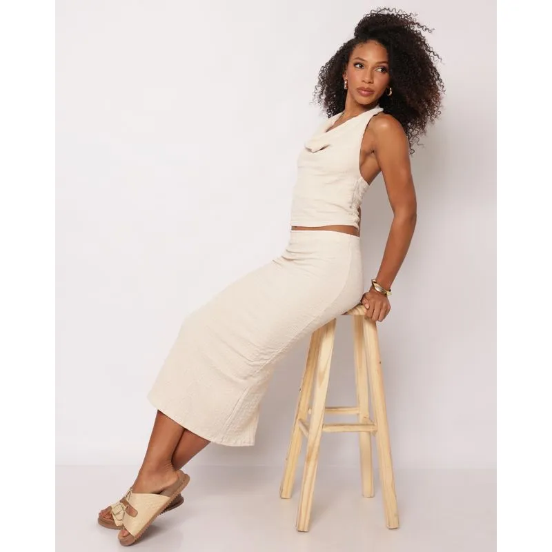 Saia Feminina Midi Texturizada com Fenda Bege GG