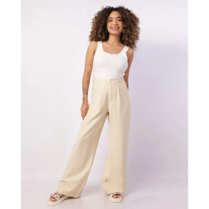 Calça Feminina Wide Leg Viscose Bolsos com Pregas Amarela 34