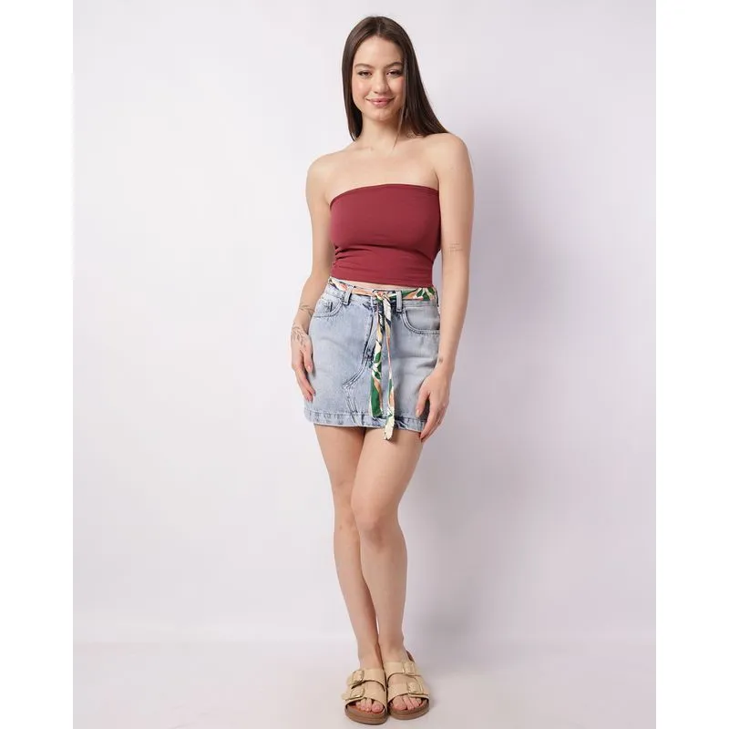 Saia Jeans Feminina com Bolsos Cinto Azul 44