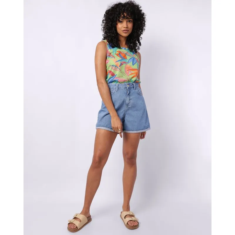 Bermuda Jeans Feminina Reta com Bolsos Barra Dobrada Azul 42